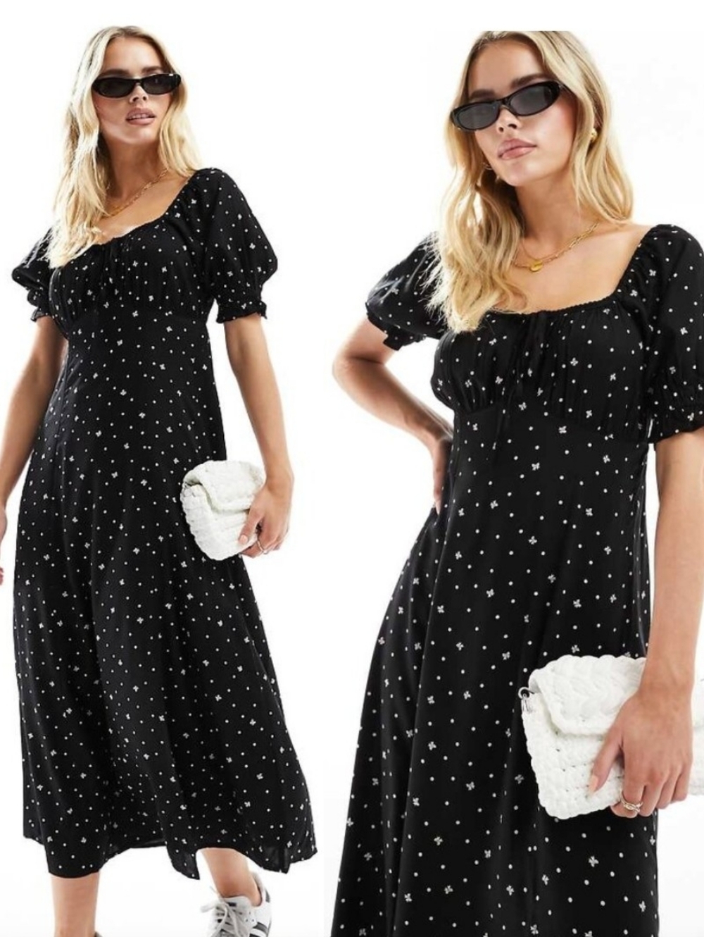 NWOT ASOS Miss Selfridge Petite Tie Front Midi Tea Dress In Black Polka Dot